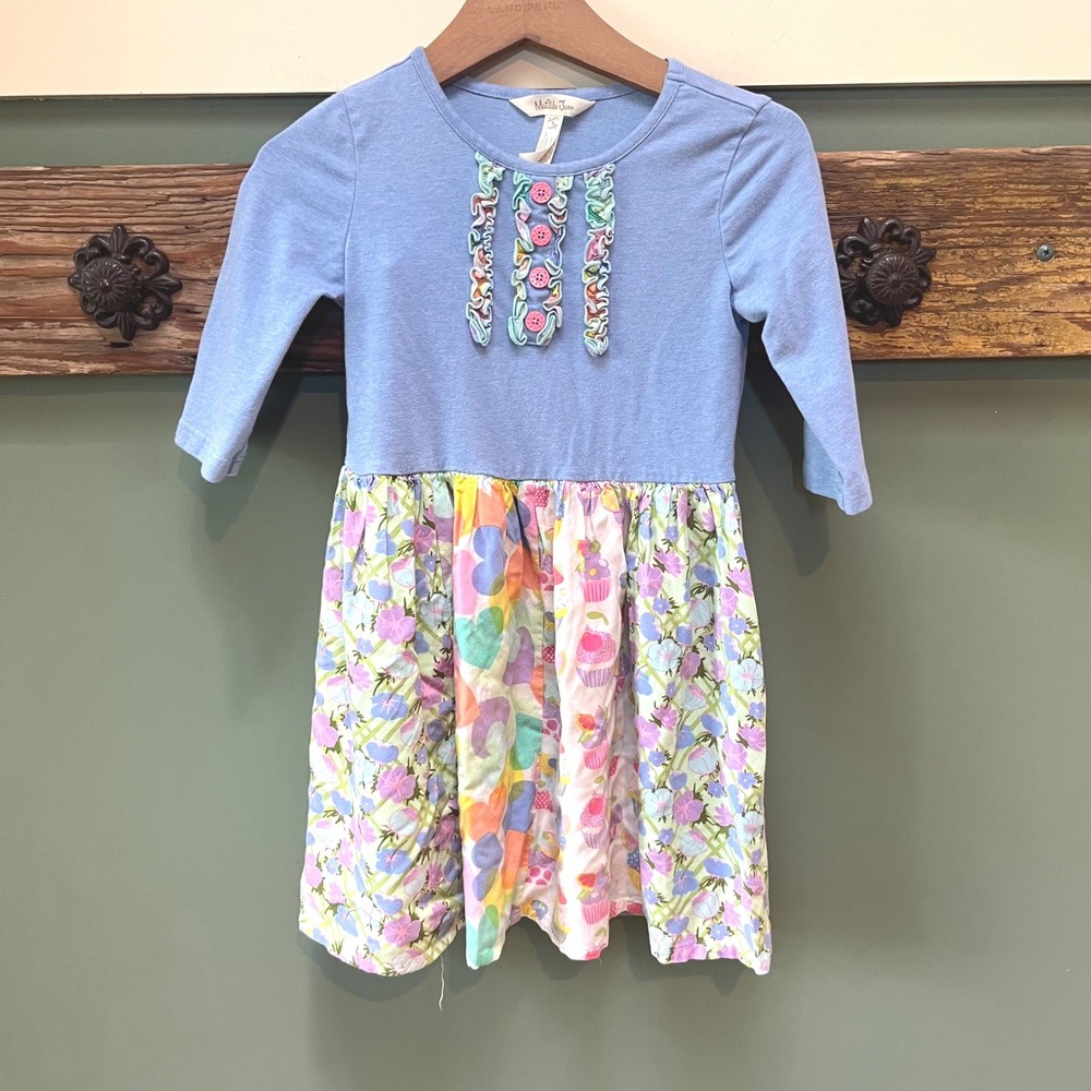 Matilda Jane Girls Size 6 Blue Patchwork Floral Cupcake Ruffle Long Sleeve Dress